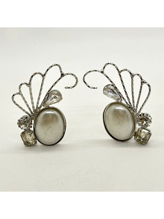 Jewelry - Vintage Mid-Century Ear Climber Clip-Ons Faux Pearl Acrylic Rhinestones Runway